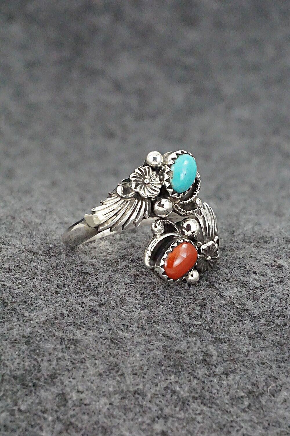 Turquoise, Coral & Sterling Silver Ring - Etta Belin - Size 10