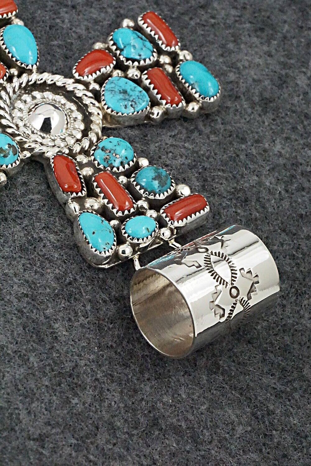 Turquoise, Coral and Sterling Silver Pendant - Marlene Haley