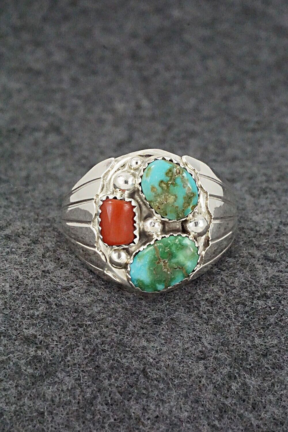 Turquoise, Coral and Sterling Silver Ring - Annie Spencer - Size 13.25