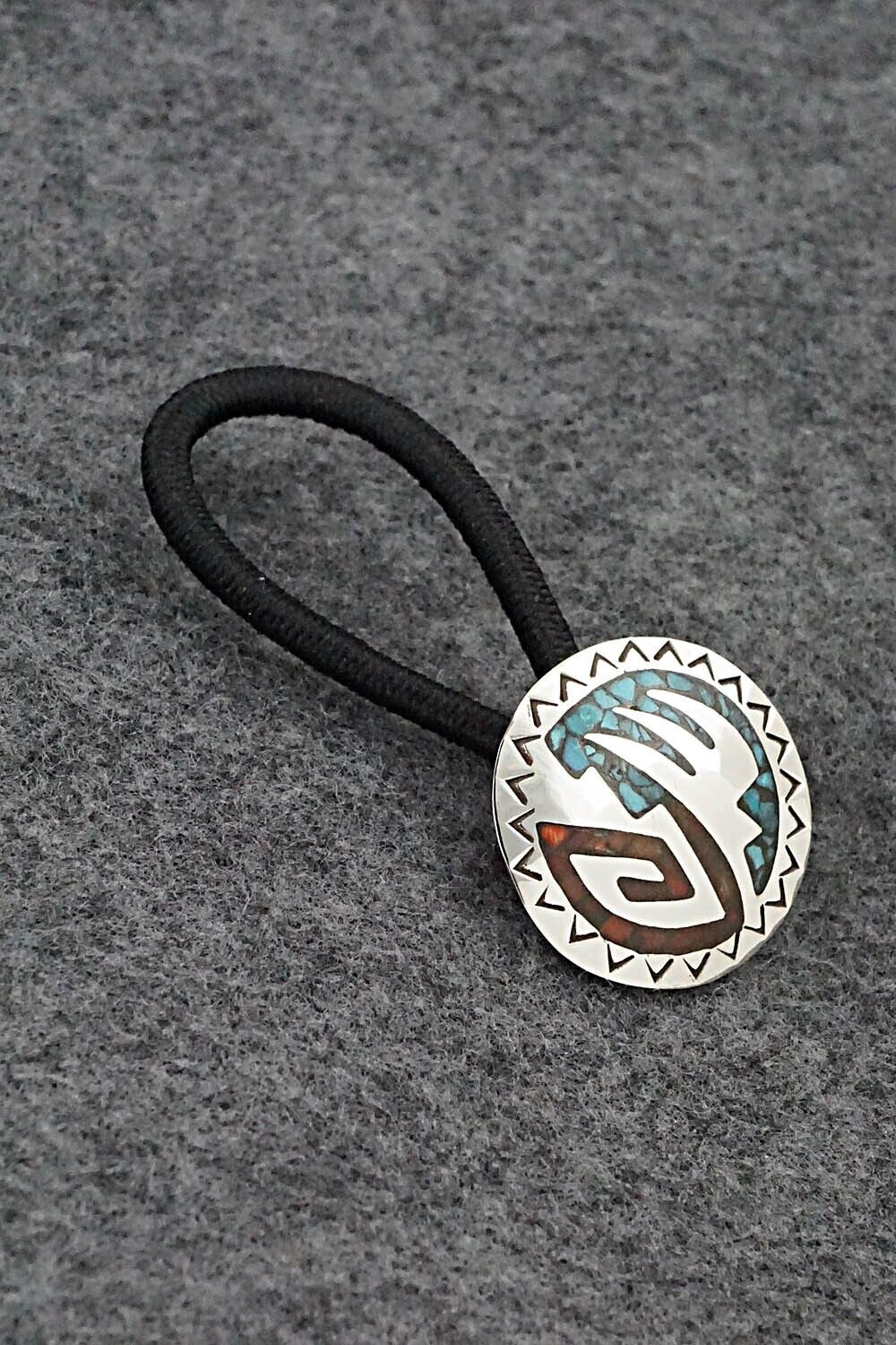 Turquoise, Coral Chip Inlay & Sterling Silver Hair Tie - Joleen Yazzie