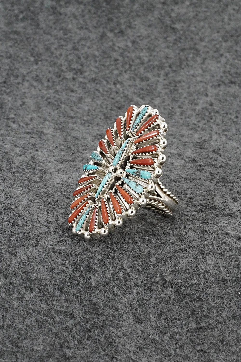 Turquoise, Coral & Sterling Silver Ring - Kyle Wilson - Size 8