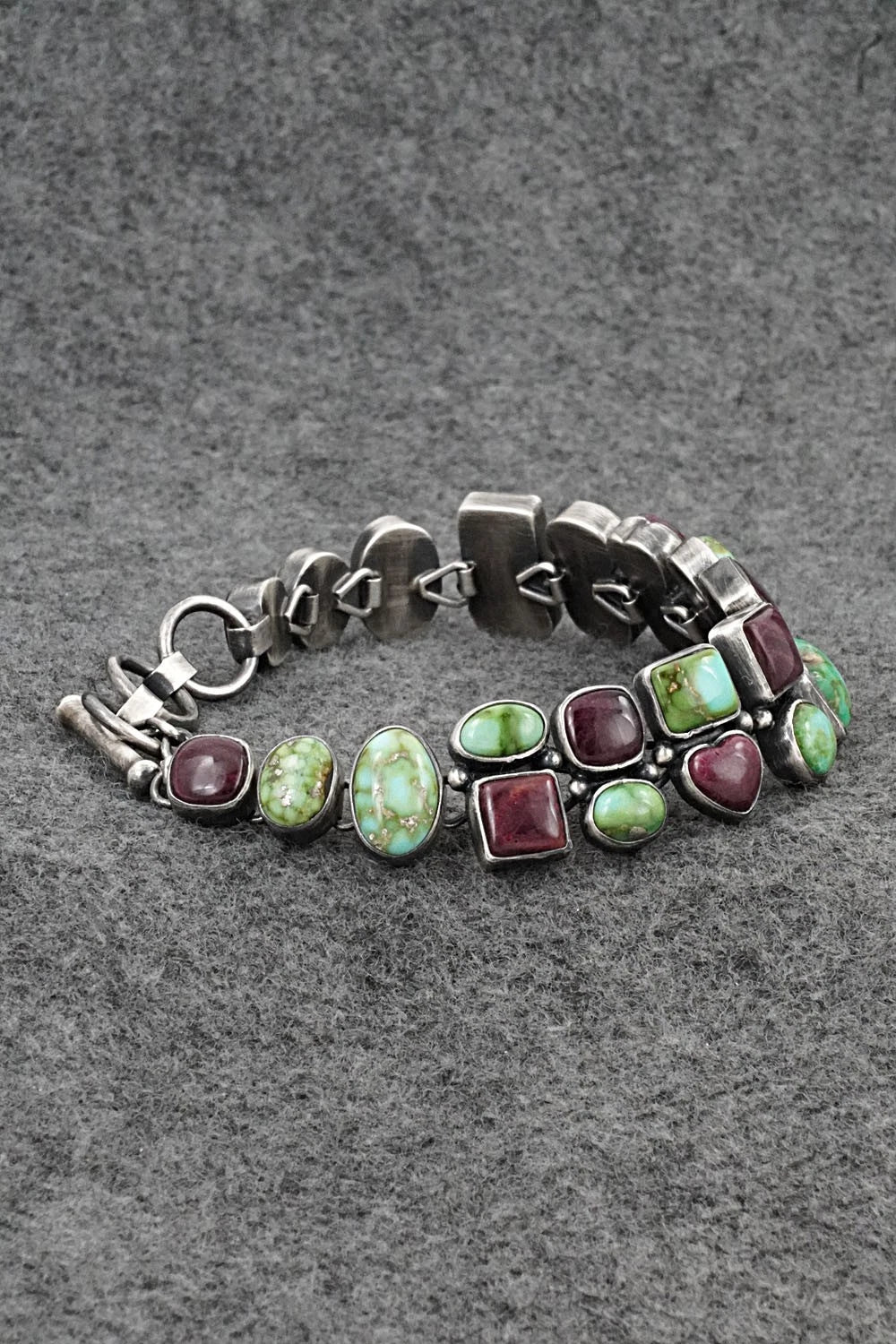 Turquoise, Spiny Oyster & Sterling Silver Link Bracelet - Loretta Delgarito