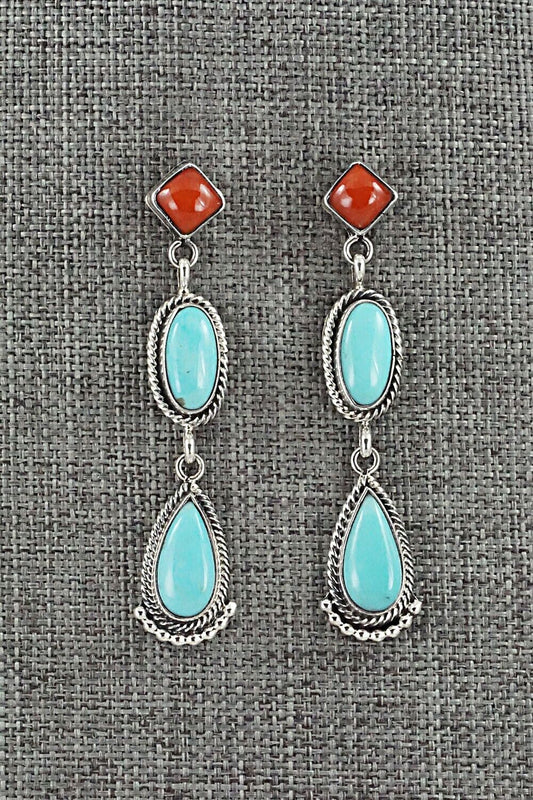 Turquoise, Coral & Sterling Silver Earrings - Verley Betone