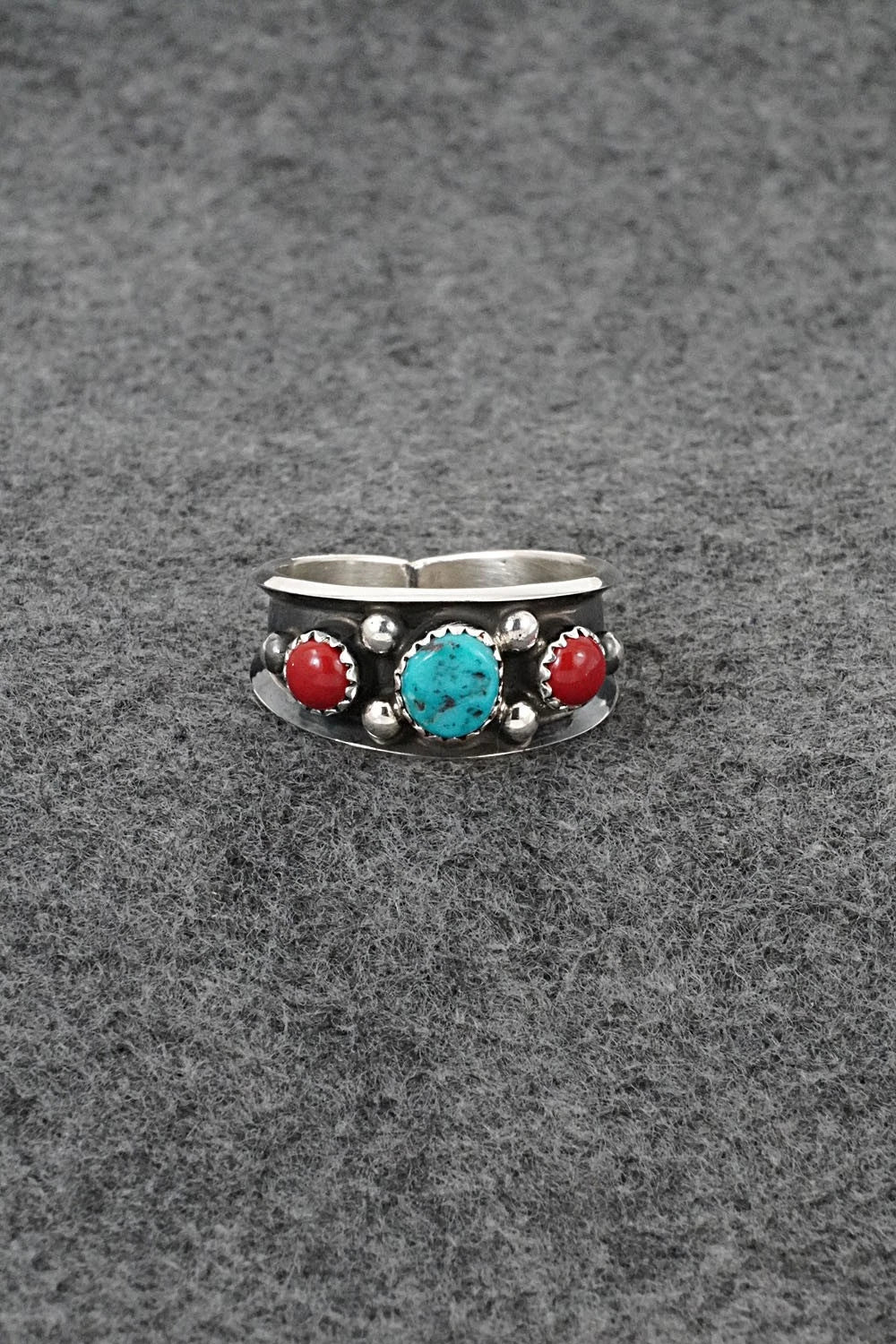 Turquoise, Coral & Sterling Silver Ring - Paul Largo - Size 12