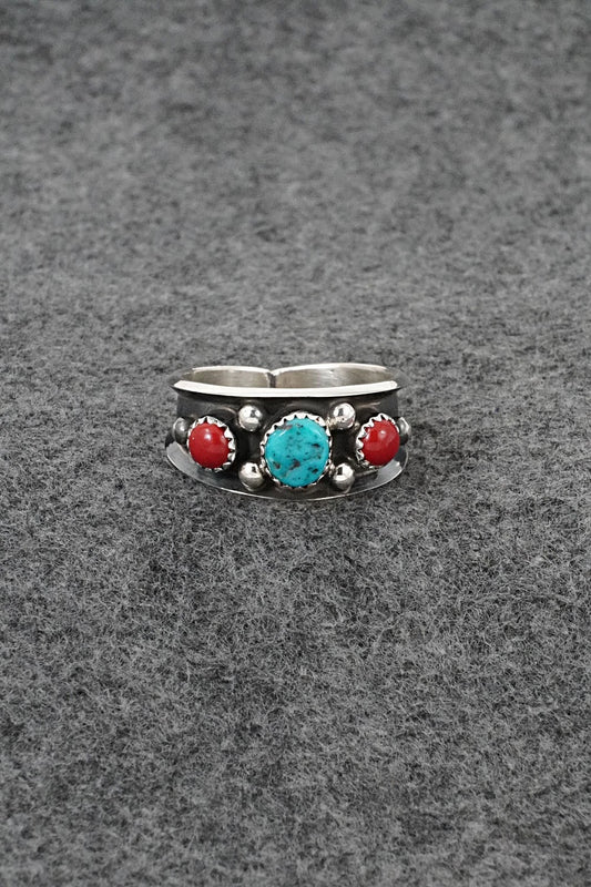 Turquoise, Coral & Sterling Silver Ring - Paul Largo - Size 12
