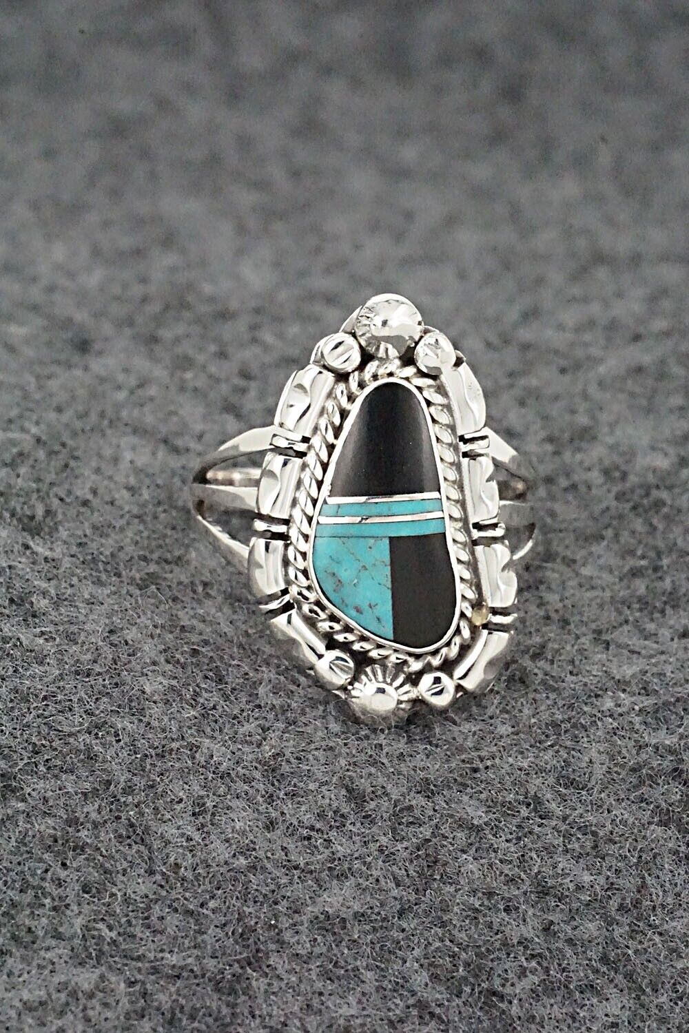 Turquoise, Onyx & Sterling Silver Ring - James Manygoats - Size 9.5