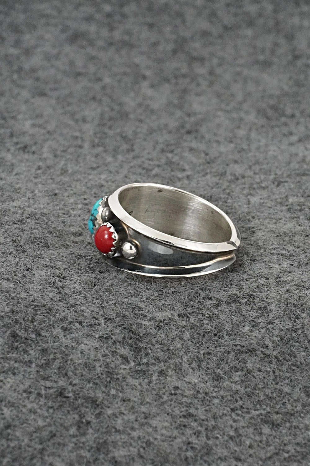 Turquoise, Coral & Sterling Silver Ring - Paul Largo - Size 10