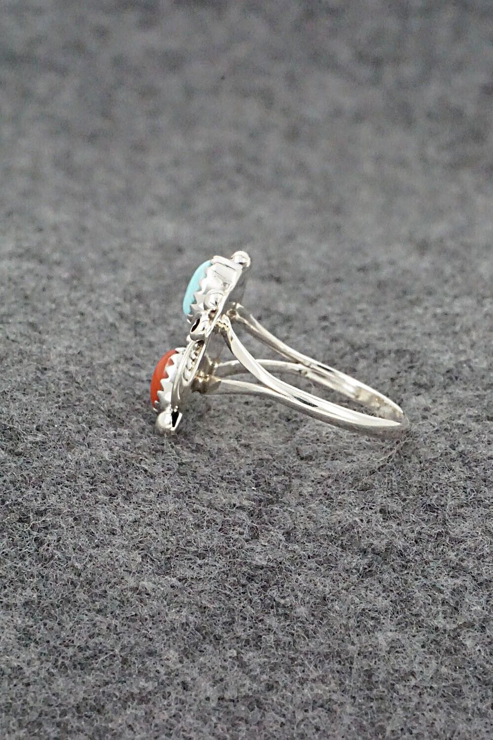 Turquoise, Coral & Sterling Silver Ring - Harris Largo - Size 6.75