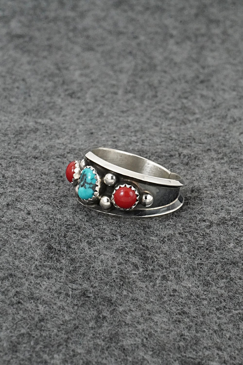 Turquoise, Coral & Sterling Silver Ring - Paul Largo - Size 10