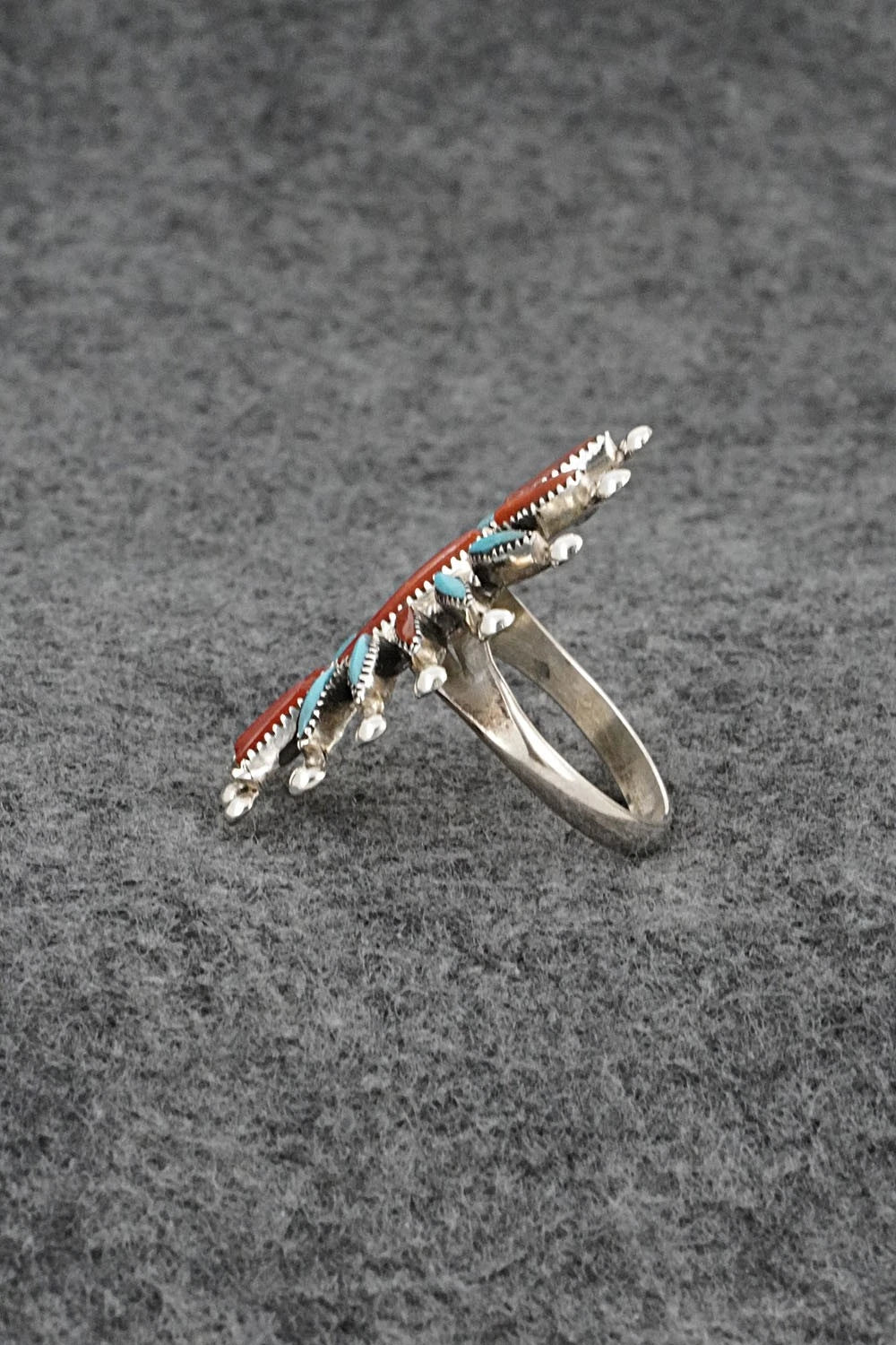 Turquoise, Coral & Sterling Silver Ring - Jack Etsate - Size 8.5