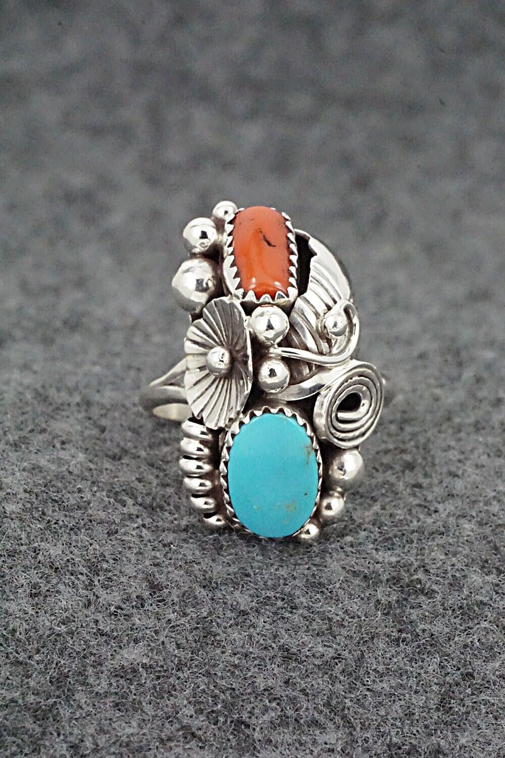 Turquoise, Coral & Sterling Silver Ring - Max Calladitto - Size 8.5