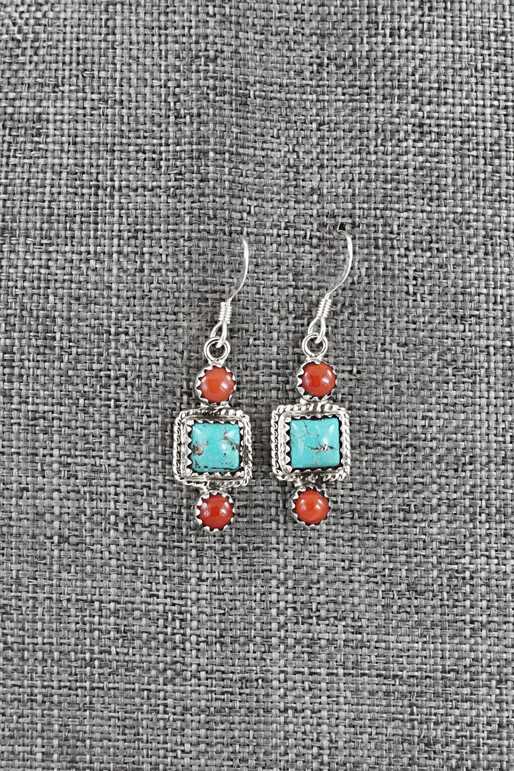 Turquoise, Coral & Sterling Silver Earrings - Gary Shorty