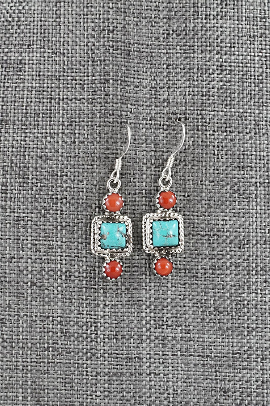 Turquoise, Coral & Sterling Silver Earrings - Gary Shorty