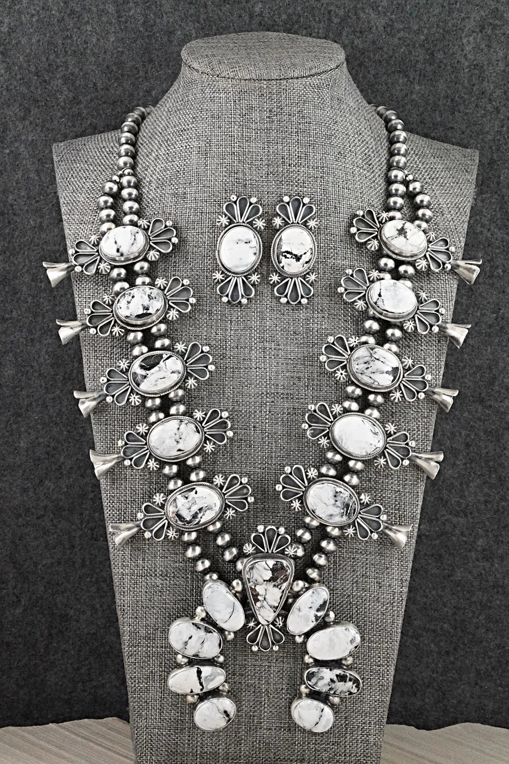 White Buffalo & Sterling Silver Squash Blossom Set - Paul Livingston