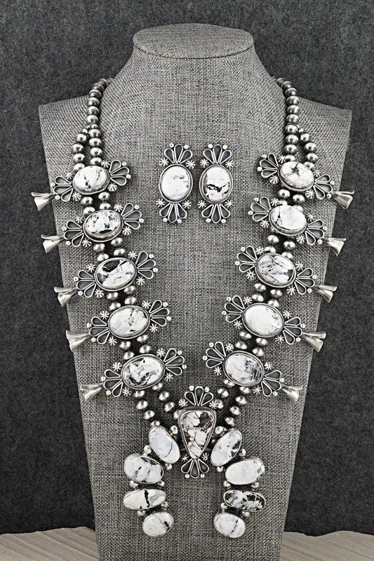 White Buffalo & Sterling Silver Squash Blossom Set - Paul Livingston