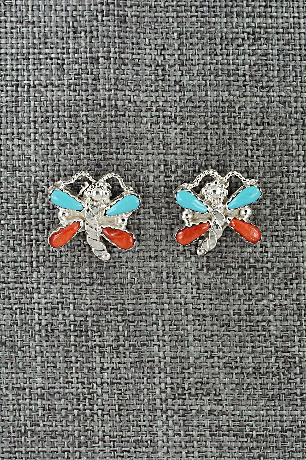 Turquoise, Coral & Sterling Silver Earrings - Erva Quam