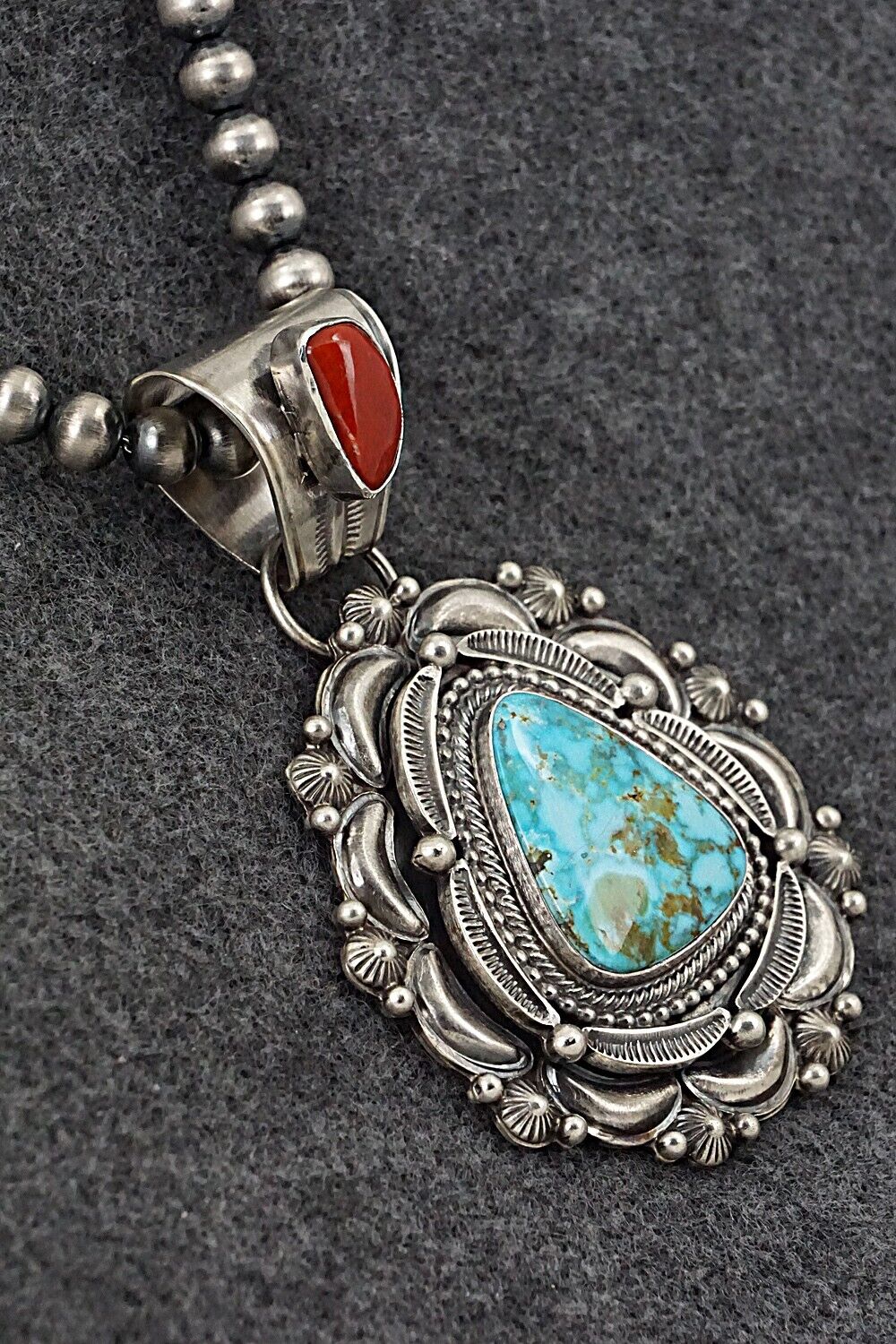 Turquoise, Coral & Sterling Silver Necklace - Tom Lewis