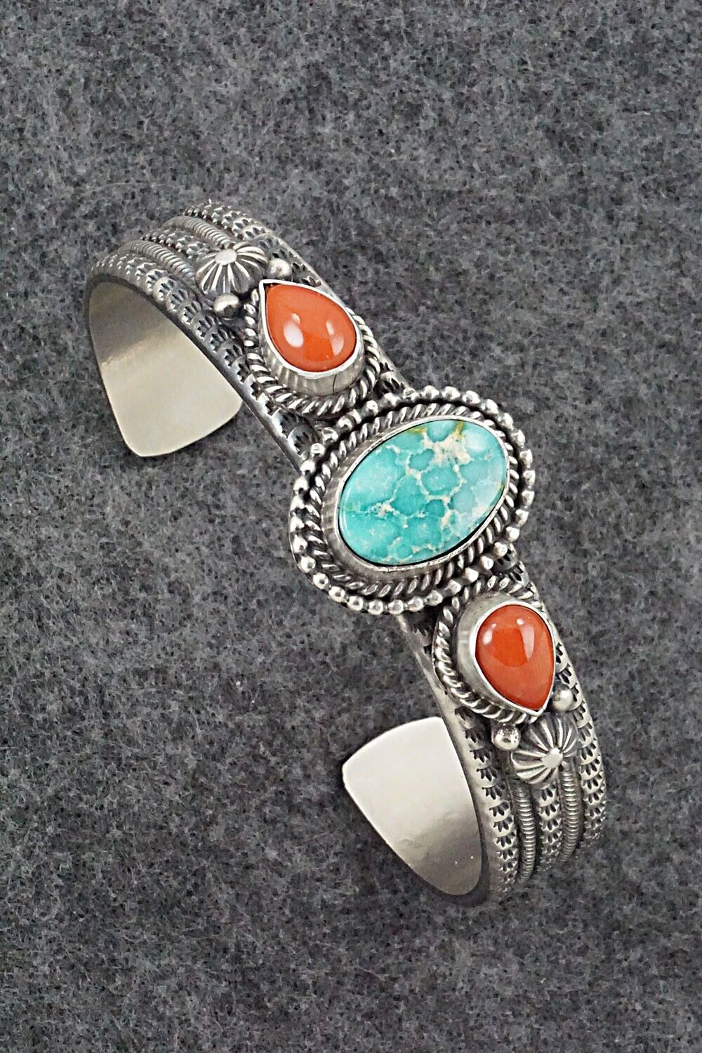 Turquoise, Coral & Sterling Silver Bracelet - Michael Calladitto