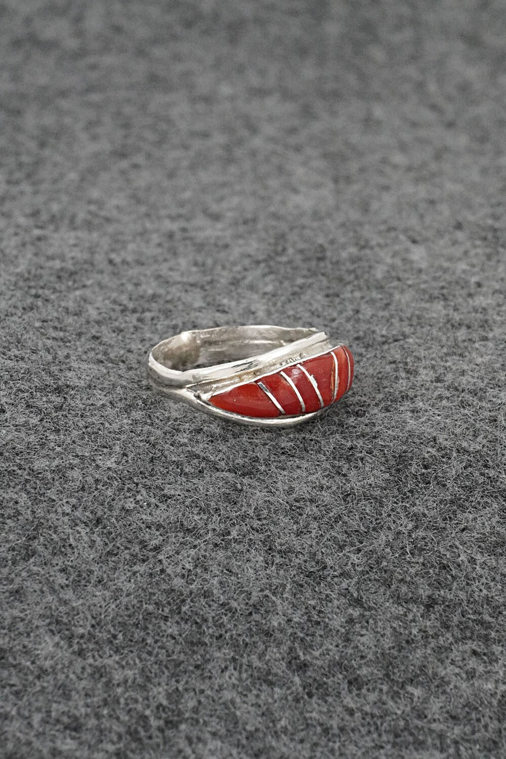 Coral & Sterling Silver Inlay Ring - Ola Eriacho - Size 5.5