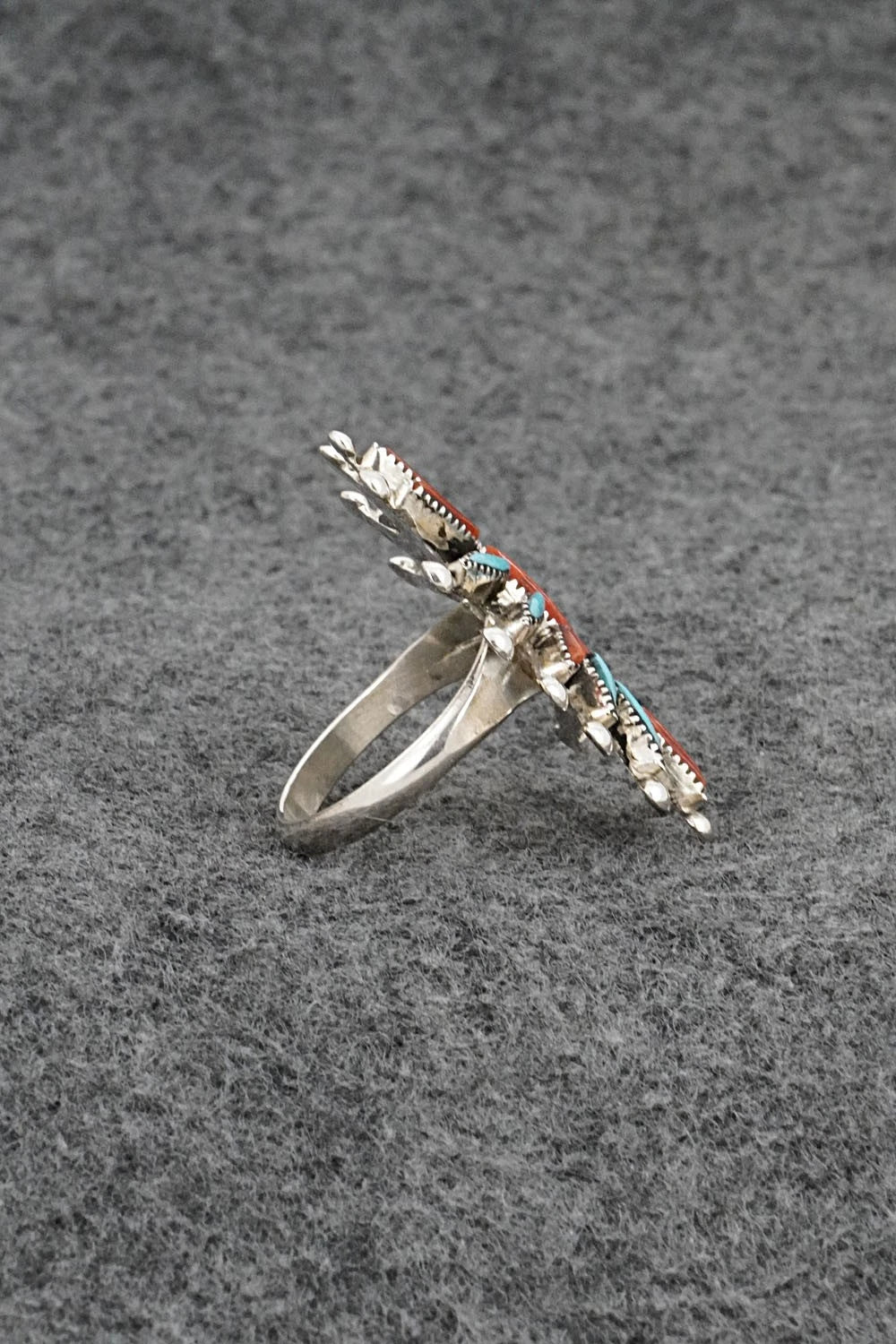 Turquoise, Coral & Sterling Silver Ring - Jack Etsate - Size 8.5