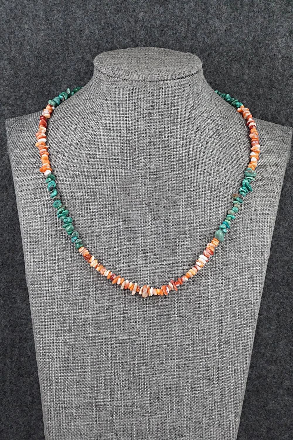 Turquoise, Spiny Oyster & Sterling Silver Necklace 17" - Doreen Jake
