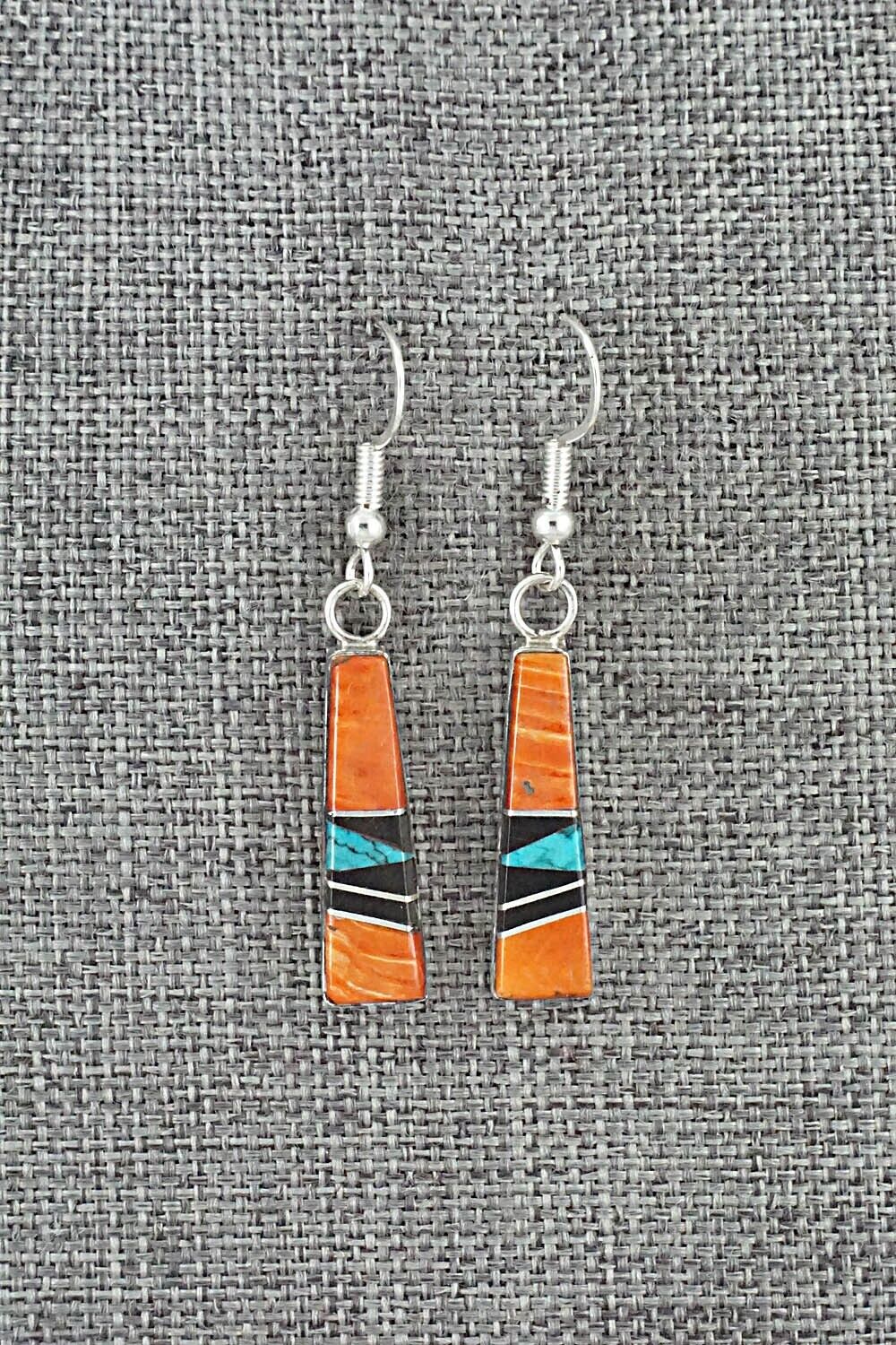 Spiny Oyster, Turquoise, Onyx & Sterling Silver Inlay Earrings - Priscella Smith