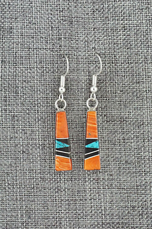 Spiny Oyster, Turquoise, Onyx & Sterling Silver Inlay Earrings - Priscella Smith