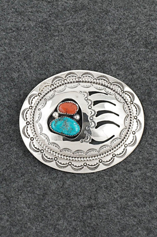 Turquoise, Coral & Sterling Silver Belt Buckle - Wilbert Muskett Sr.