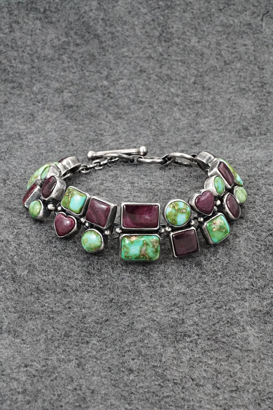 Turquoise, Spiny Oyster & Sterling Silver Link Bracelet - Loretta Delgarito