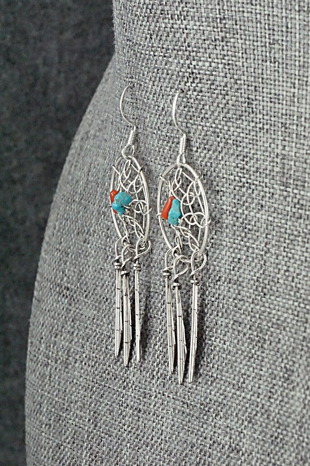 Turquoise, Coral & Sterling Silver Earrings - Lorenzo Arviso Jr.