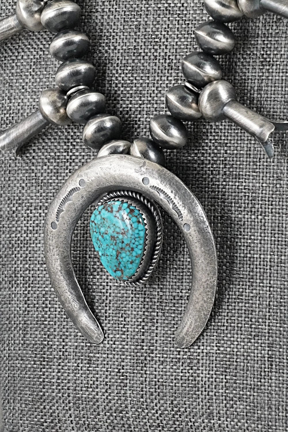 Turquoise & Sterling Silver Navajo Pearl Squash Blossom Necklace - Presley Haley