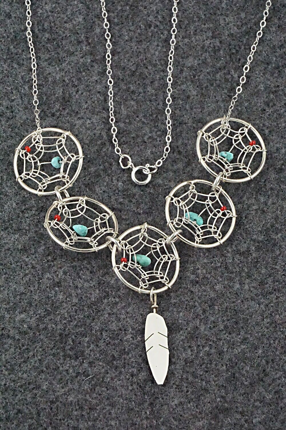 Turquoise, Coral & Sterling Silver Necklace - Lorenzo Arviso Jr.