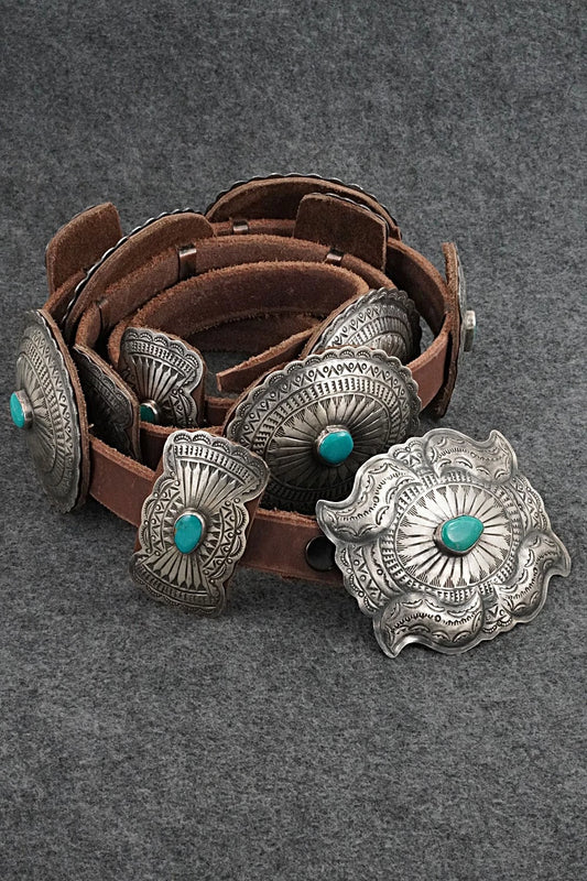 Turquoise, Sterling Silver & Leather Concho Belt - Dan Morgan