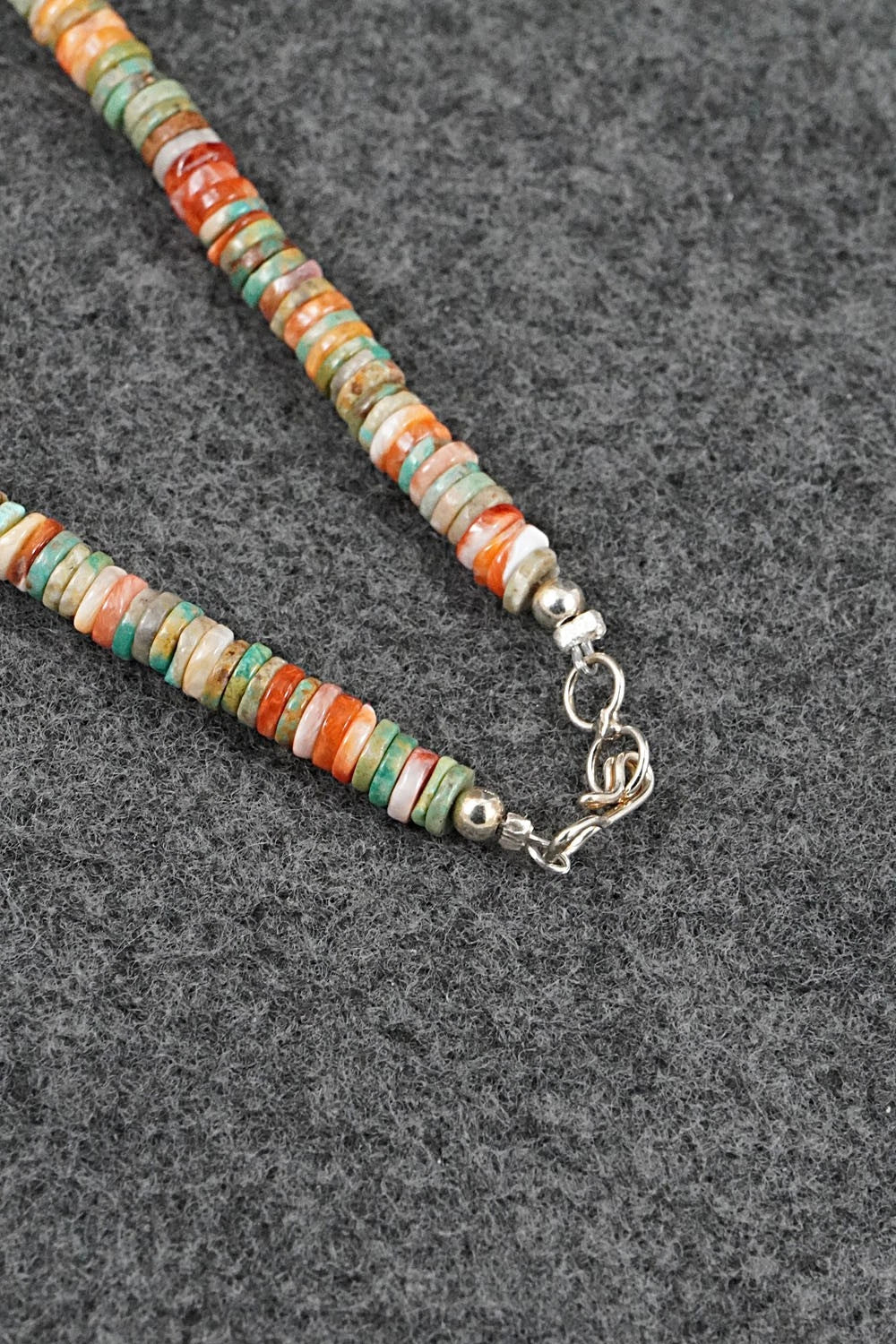 Turquoise, Spiny Oyster & Sterling Silver Necklace 17" - Doreen Jake