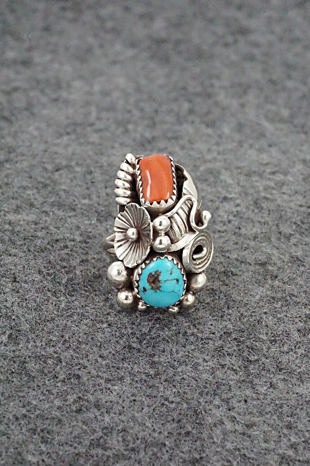 Turquoise, Coral & Sterling Silver Ring - Max Calladitto - Size 5