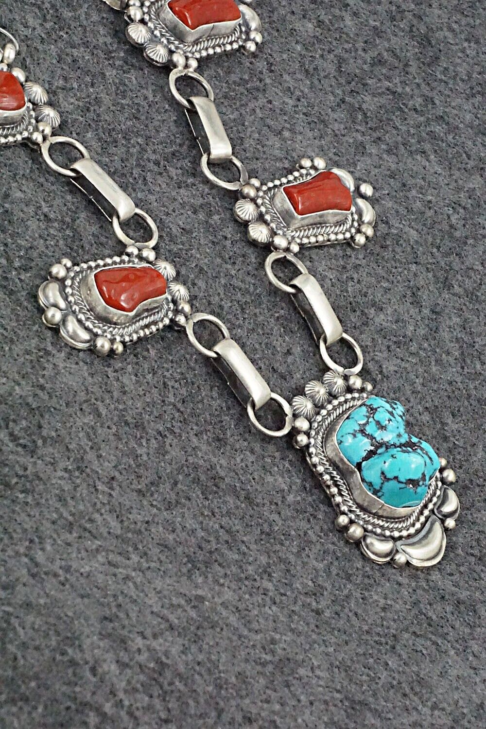 Turquoise, Coral & Sterling Silver Necklace and Earrings Set - Tom Lewis