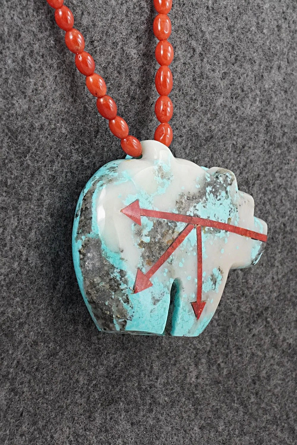 Coral, Turquoise Zuni Fetish & Sterling Silver Necklace - Bernard Laiwakete