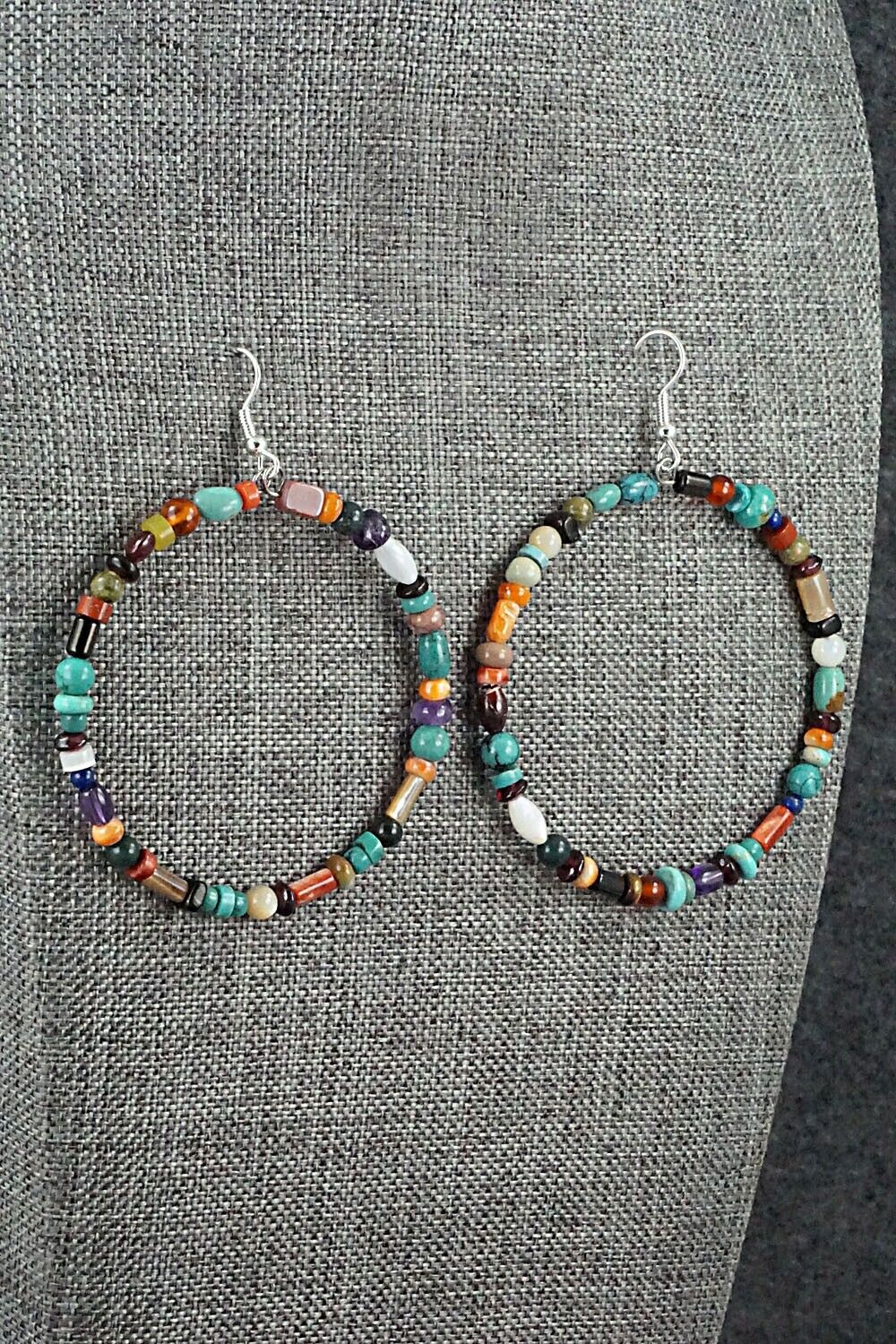 Multi Stone & Sterling Silver Hoop Earrings - Helen Tsosie