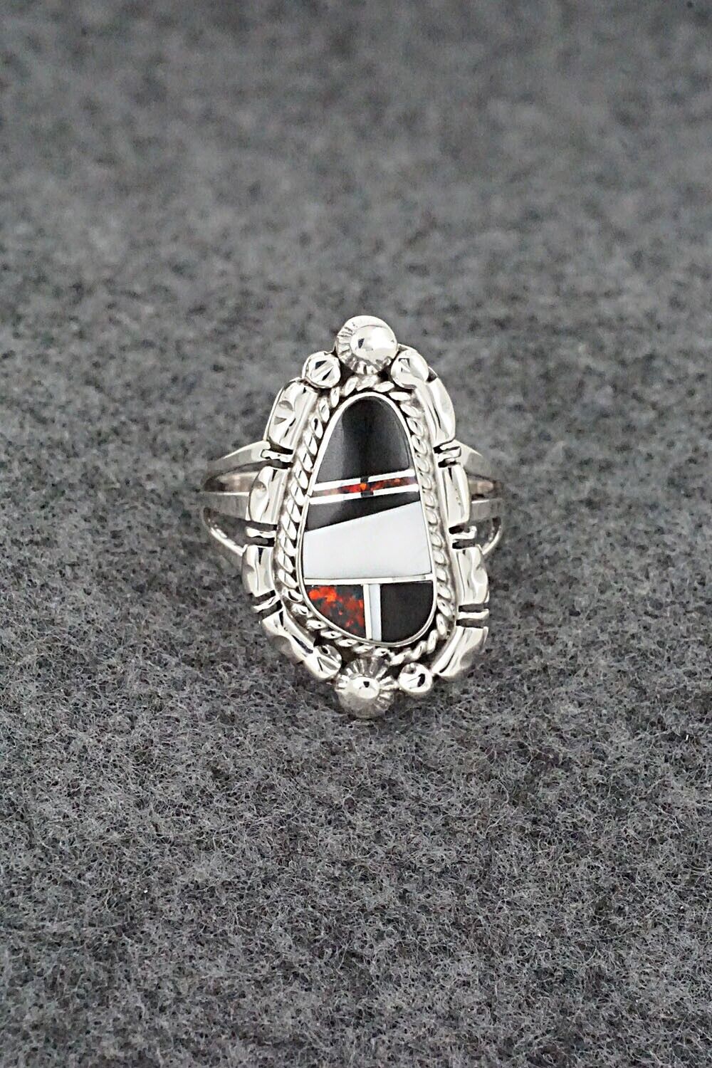 White Buffalo, Onyx, Opalite & Sterling Silver Ring - James Manygoats - Size 8