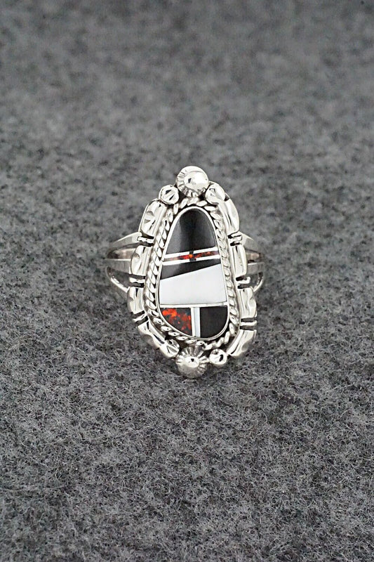 White Buffalo, Onyx, Opalite & Sterling Silver Ring - James Manygoats - Size 8