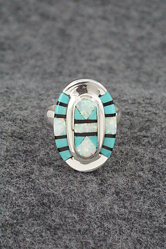 Turquoise, Onyx, Opalite & Sterling Silver Ring - Ophelia Panteah - Sz. 7