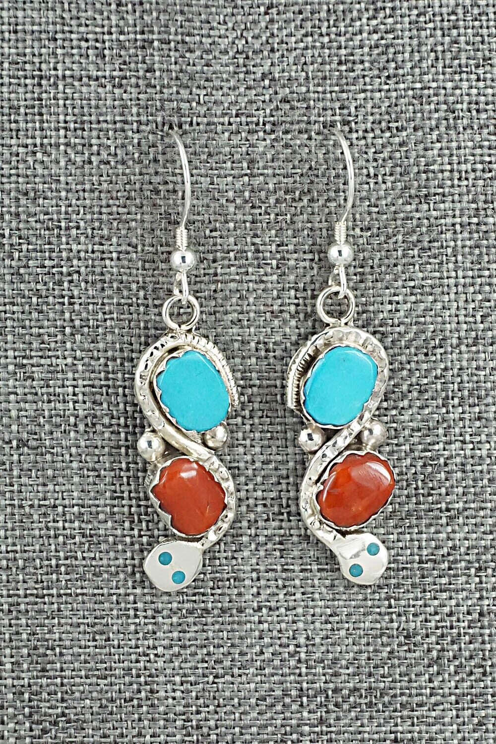 Turquoise, Coral & Sterling Silver Earrings - Joy Calavaza