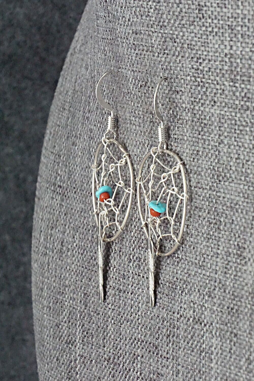 Turquoise, Coral & Sterling Silver Earrings - Helena Yazzie