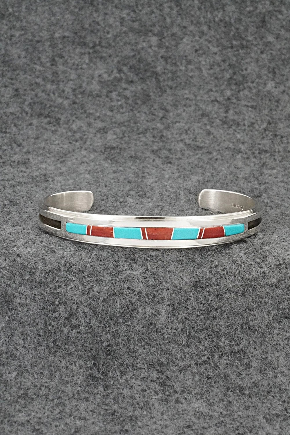 Turquoise, Coral Inlay & Sterling Silver Bracelet - Wilbert Muskett