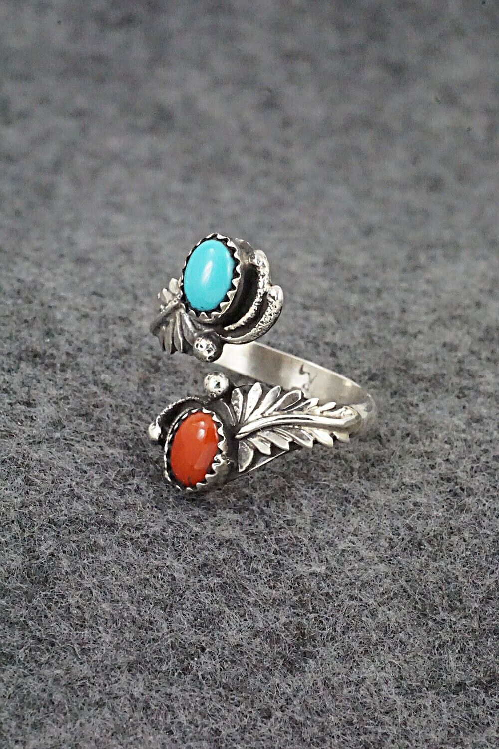 Turquoise, Coral & Sterling Silver Ring - Etta Belin - Size 7