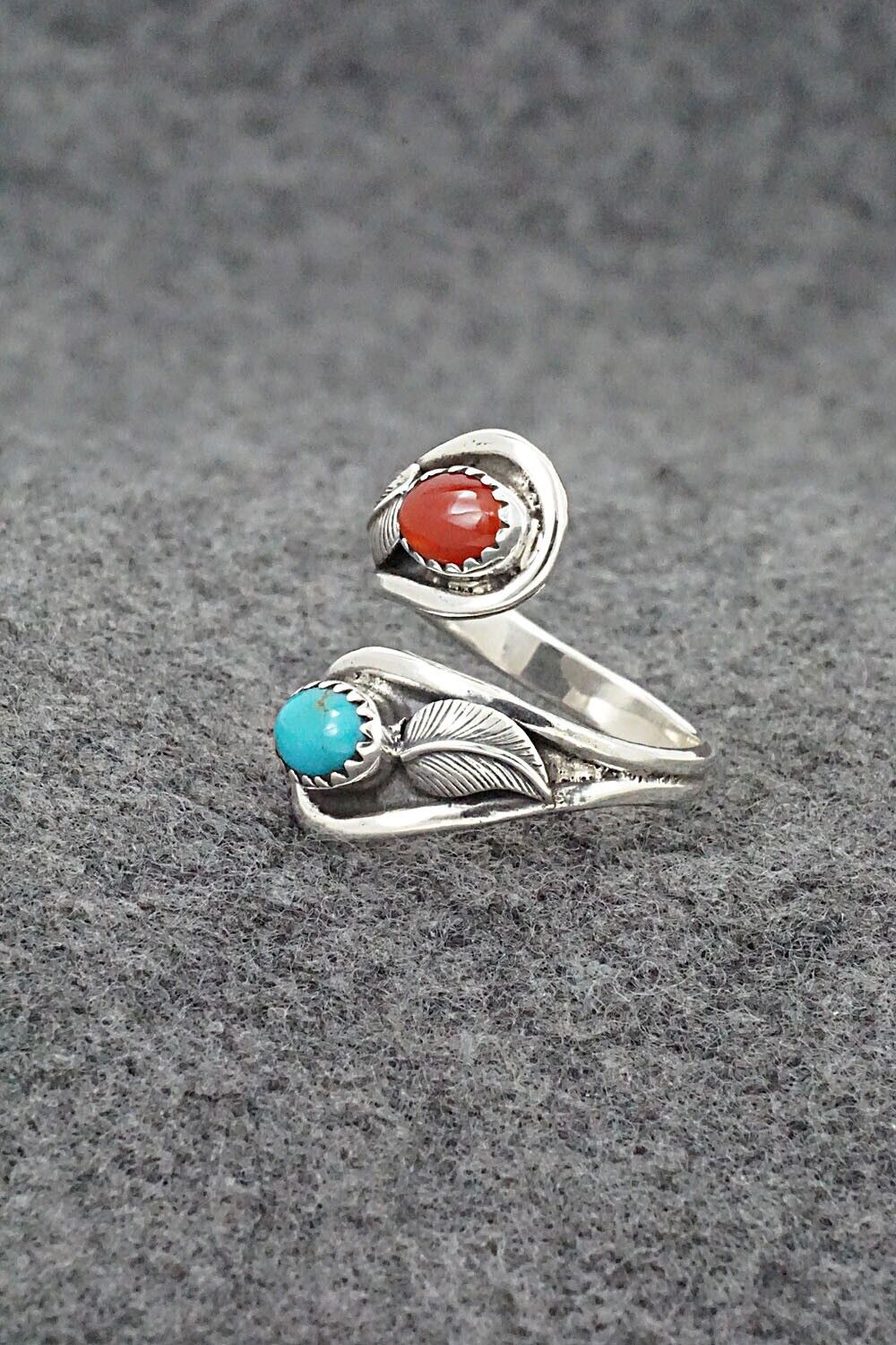 Turquoise, Coral & Sterling Silver Ring - Angela Platero - Size 8.5