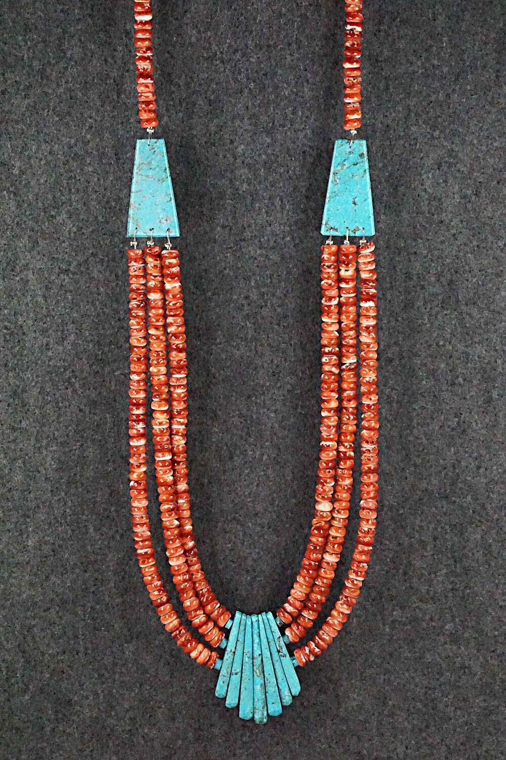 Turquoise, Spiny Oyster and Sterling Silver Necklace - Lupe Lovato