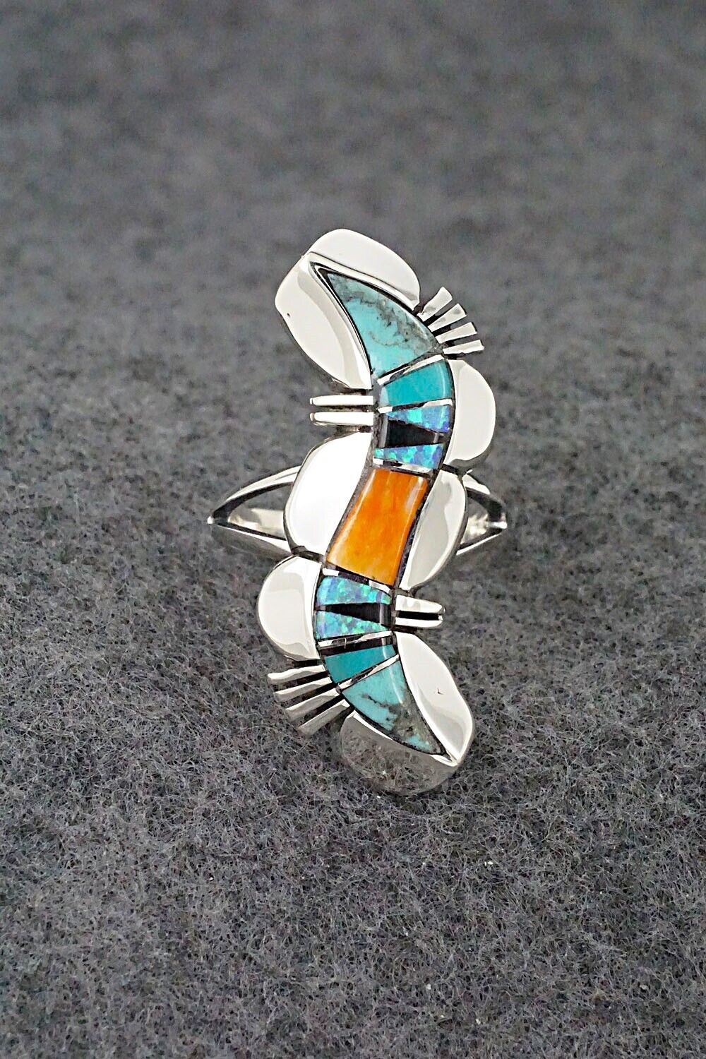 Multi-Stone & Sterling Silver Inlay Ring - James Manygoats - Size 6.5