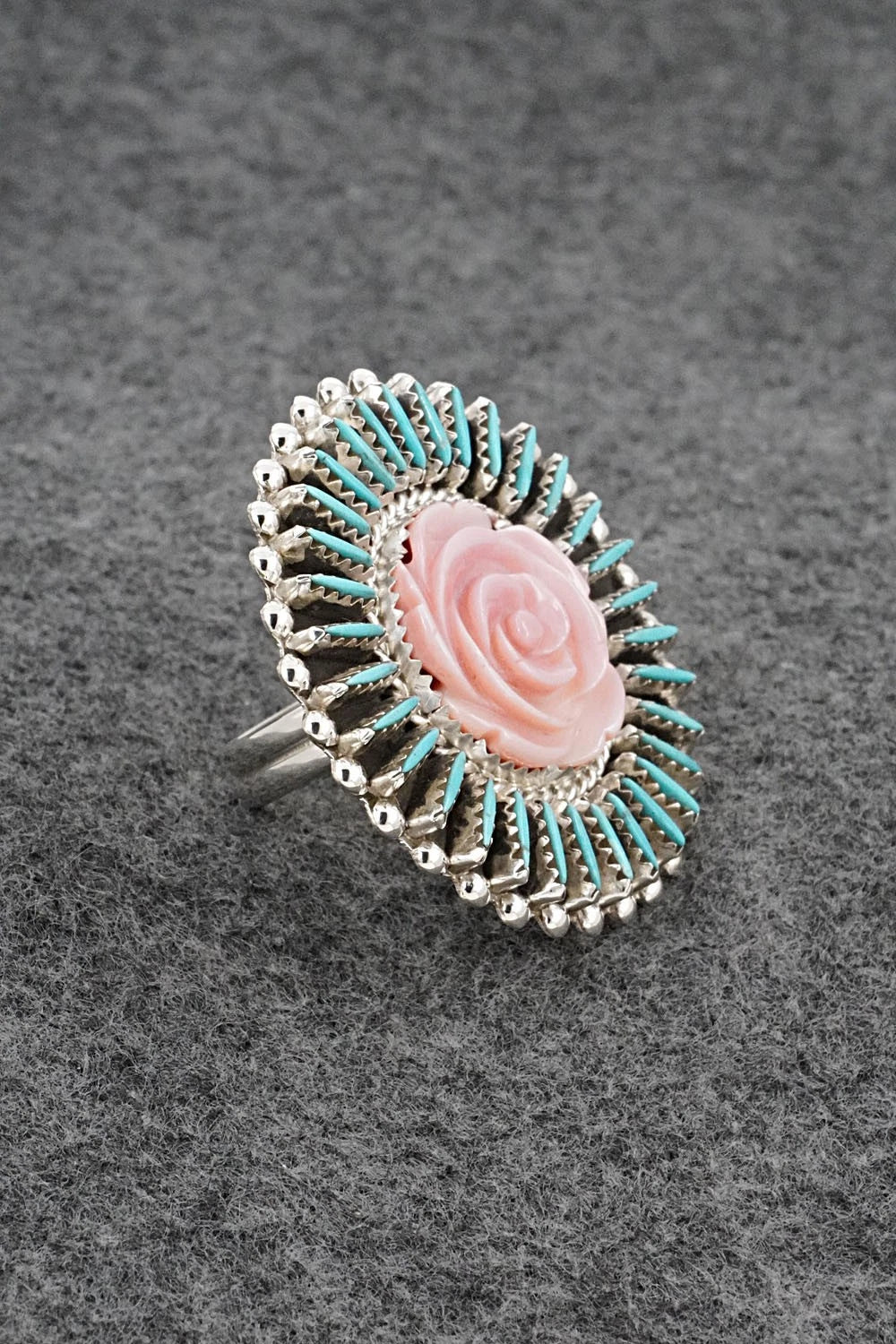 Turquoise, Pink Conch & Sterling Silver Ring - Roland Francisco - Size Adj.