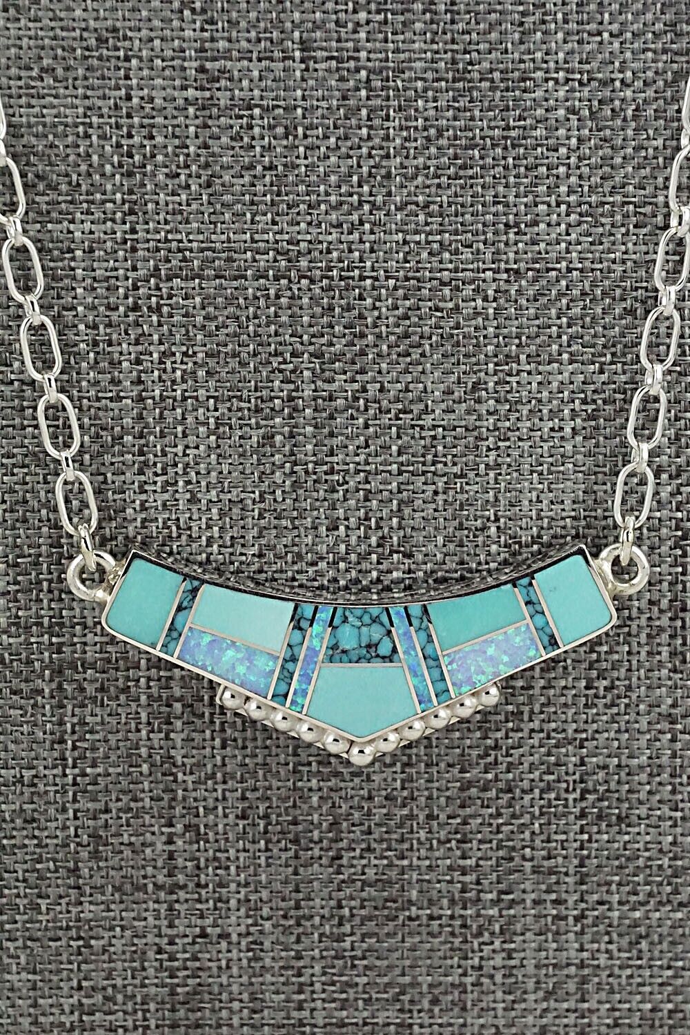 Turquoise, Opalite & Sterling Silver Inlay Necklace - Curtis Manygoats